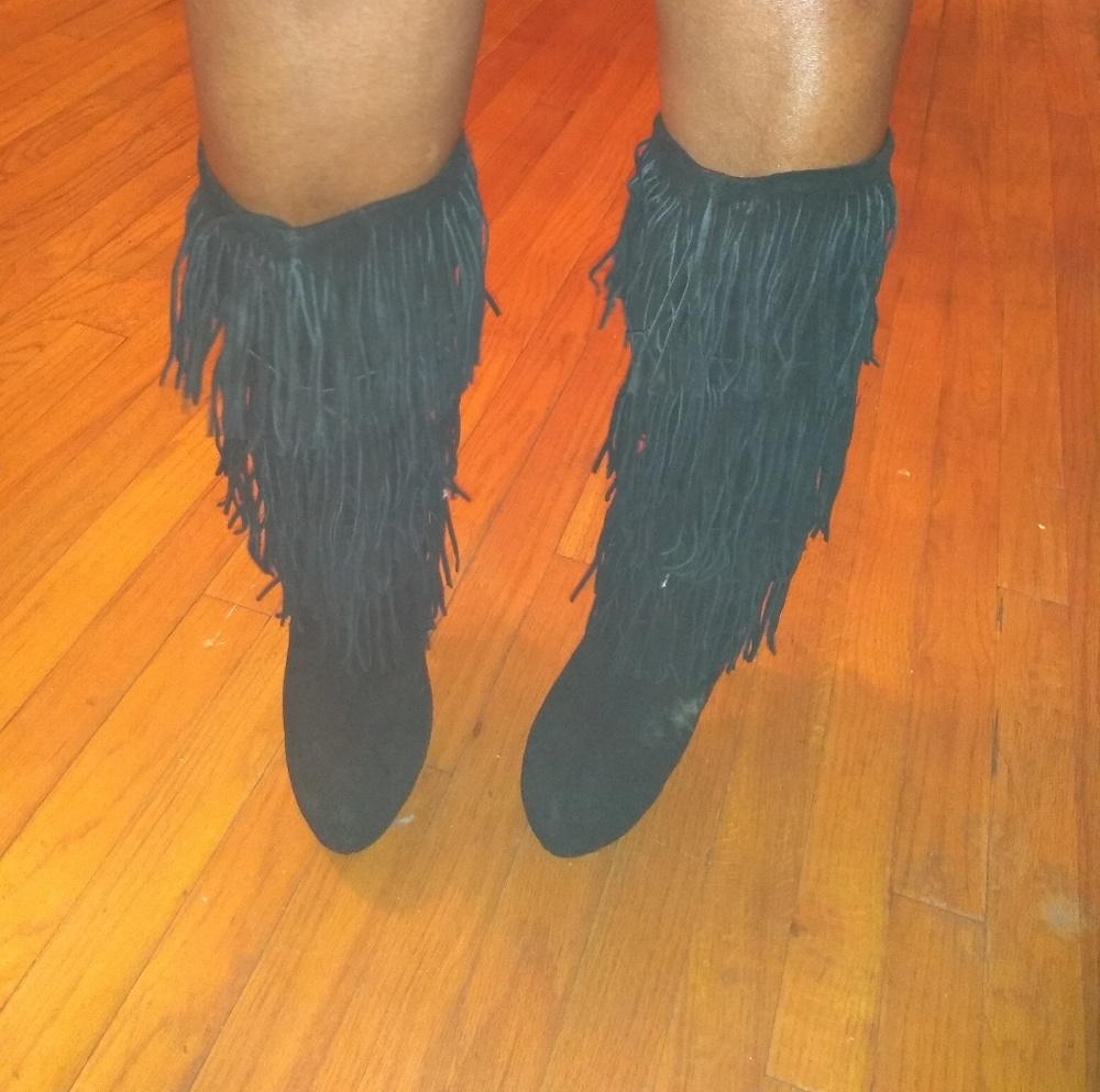 Black fringe six inch heel